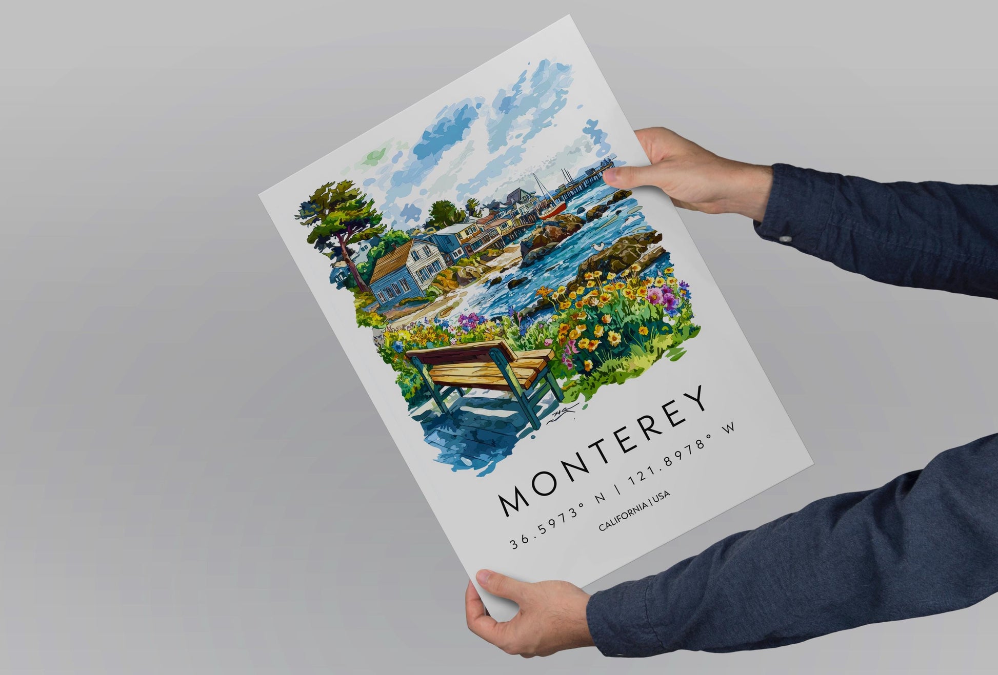 Monterey Watercolor Poster Monterey Travel Print California Coast Art Ocean Painting Monterey Bay Souvenir Decor