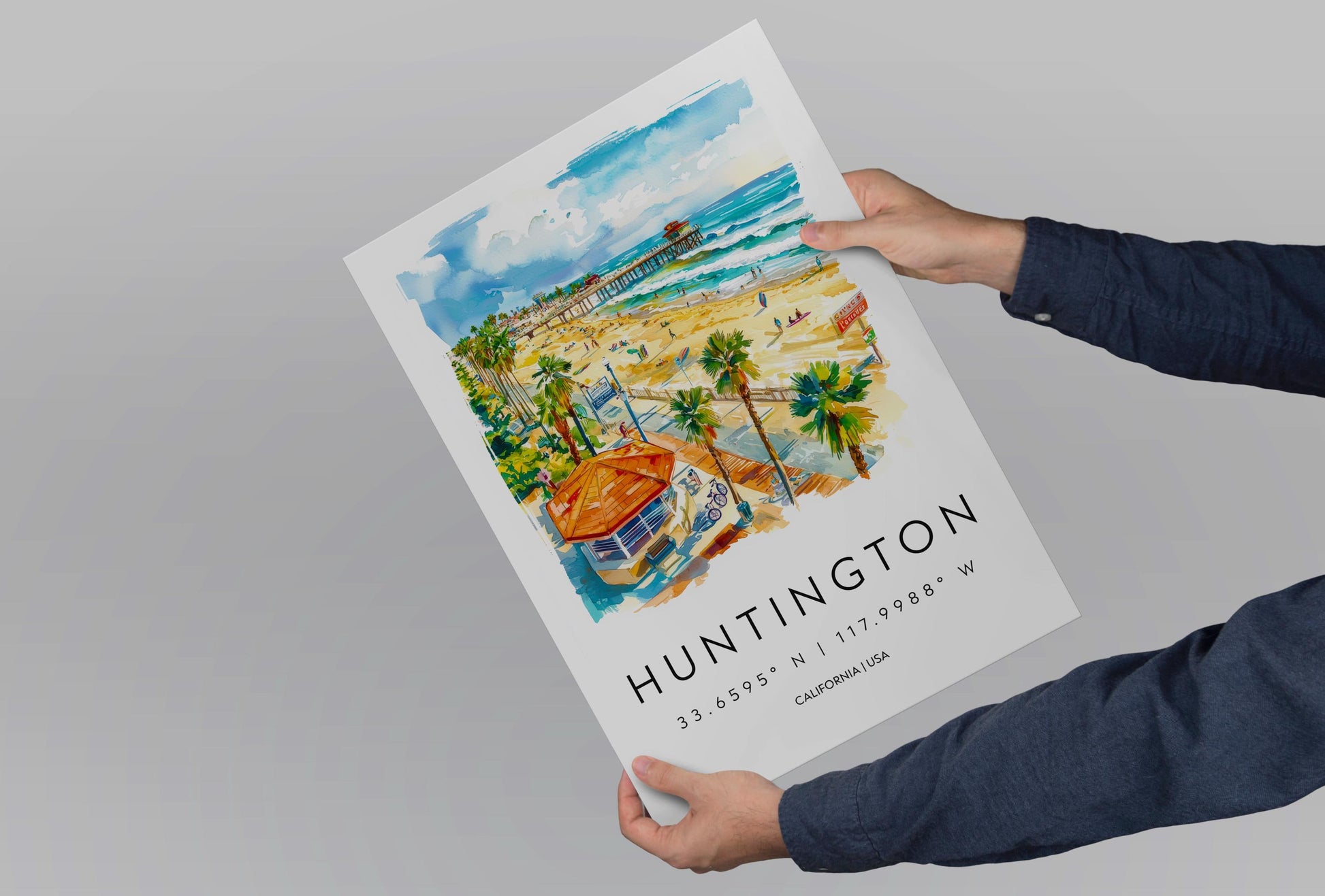 Huntington Beach Watercolor Poster Huntington Beach Travel Print California Wall Art Surf Painting Beach Decor