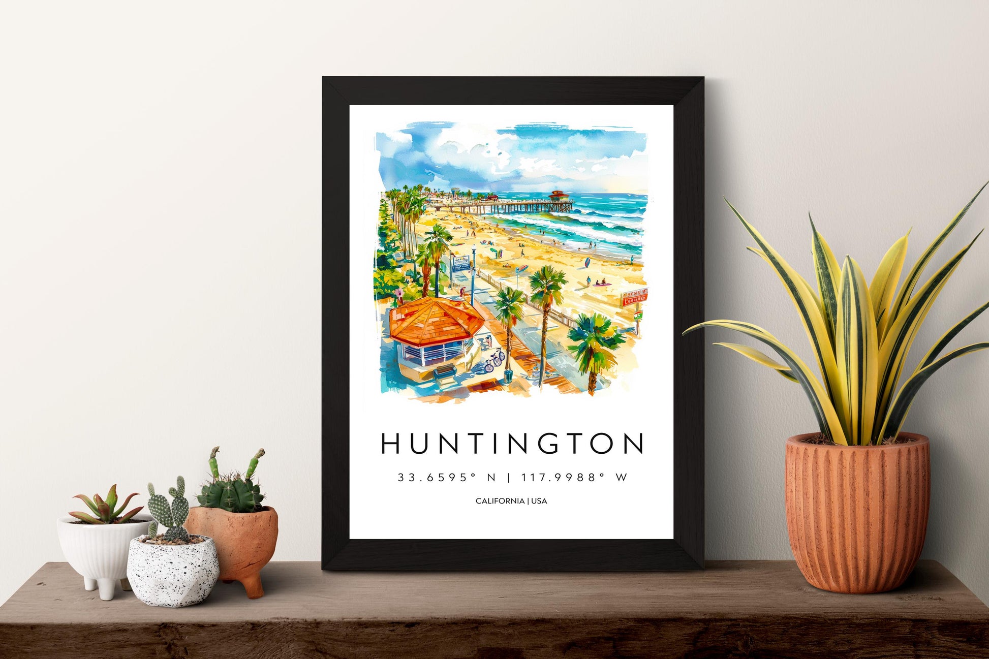 Huntington Beach Watercolor Poster Huntington Beach Travel Print California Wall Art Surf Painting Beach Decor
