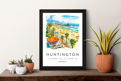 Huntington Beach Watercolor Poster Huntington Beach Travel Print California Wall Art Surf Painting Beach Decor