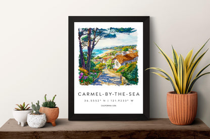 Carmel-by-the-Sea Watercolor Poster Carmel Travel Print California Coast Art Ocean Painting Carmel-by-the-Sea Decor