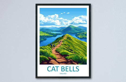Cat Bells Travel Poster Lake District Wall Art Mountain Print Scenic Ridge Illustration Derwentwater Decor Cat Bells Gift Souvenir