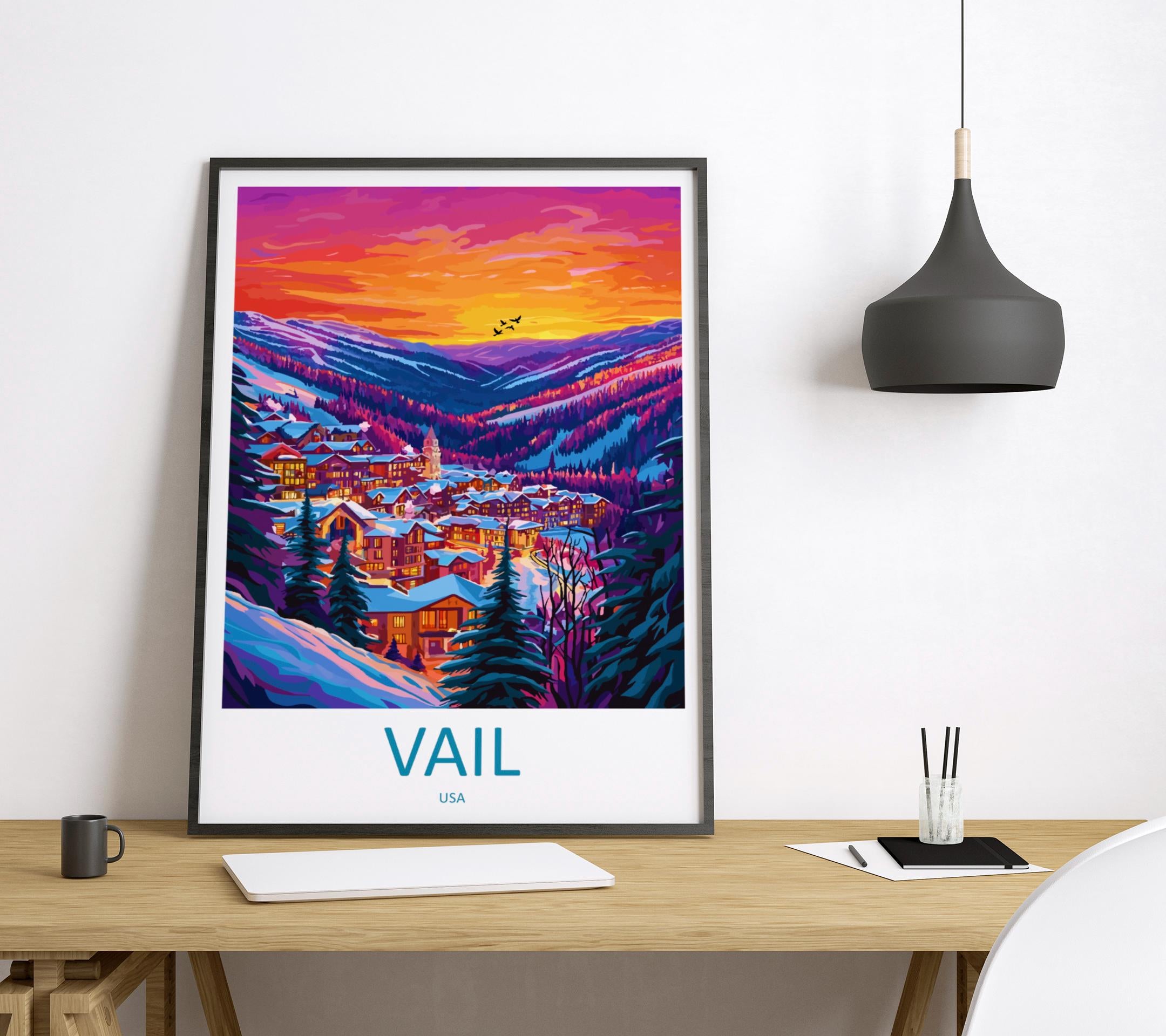 Vail Travel Poster Colorado Wall Art Ski Resort Print Mountain Village Illustration Snowy Landscape Decor Vail Gift Souvenir Scene