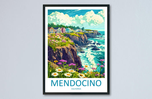 Mendocino Travel Poster California Wall Art Coastal Village Print Ocean Cliff Illustration Redwood Coast Decor Mendocino Gift Souvenir