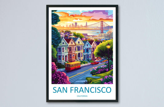 San Francisco Travel Poster California Wall Art Cityscape Print Golden Gate View Illustration Bay Area Decor SF Gift Souvenir Scene