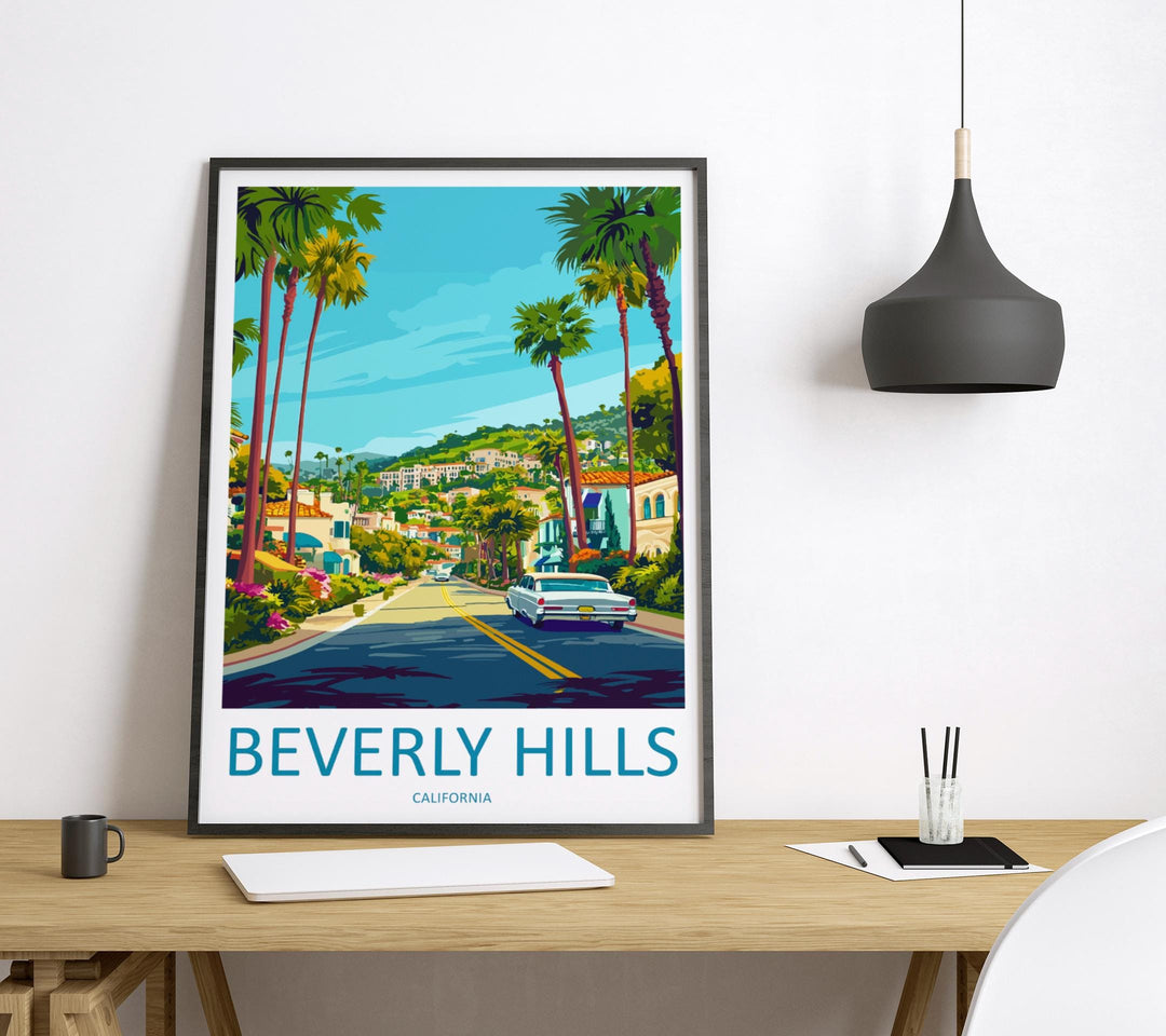 Beverly Hills Travel Poster California Wall Art Palm Tree Street Print City View Illustration Luxury Decor Beverly Gift Souvenir Scene