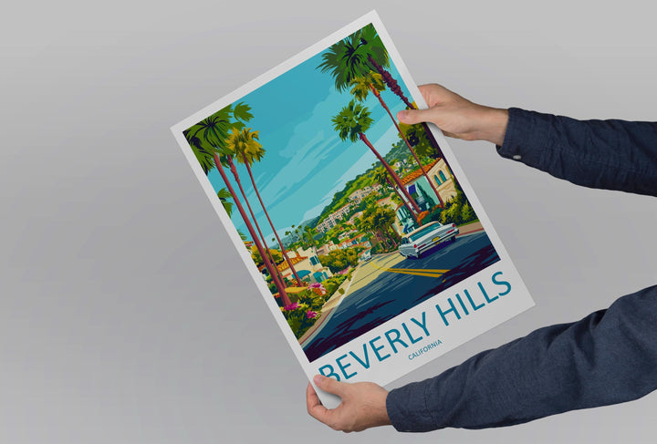 Beverly Hills Travel Poster California Wall Art Palm Tree Street Print City View Illustration Luxury Decor Beverly Gift Souvenir Scene