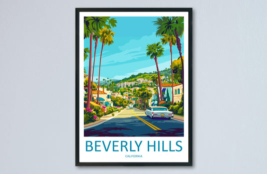 Beverly Hills Travel Poster California Wall Art Palm Tree Street Print City View Illustration Luxury Decor Beverly Gift Souvenir Scene
