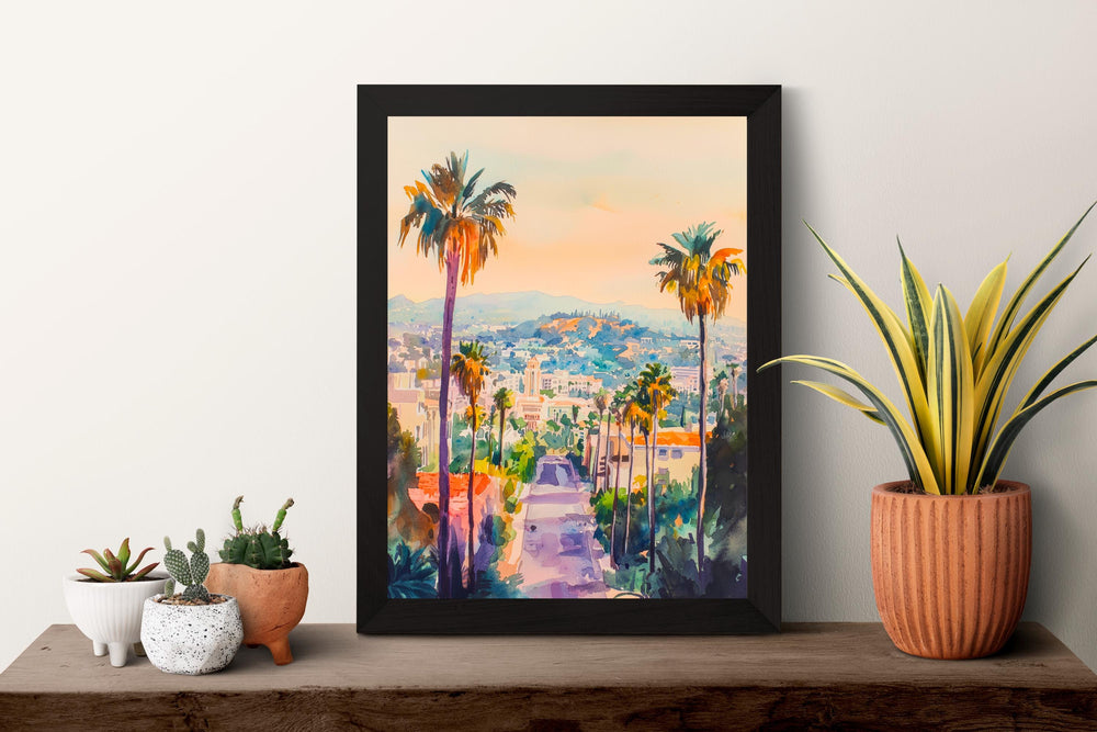 Los Angeles Watercolor Poster Los Angeles Travel Print Los Angeles California Art LA Skyline Wall Decor Hollywood Cityscape Print