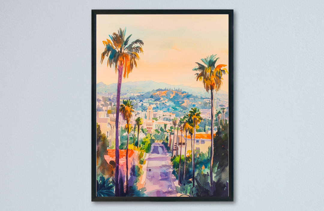Los Angeles Watercolor Poster Los Angeles Travel Print Los Angeles California Art LA Skyline Wall Decor Hollywood Cityscape Print