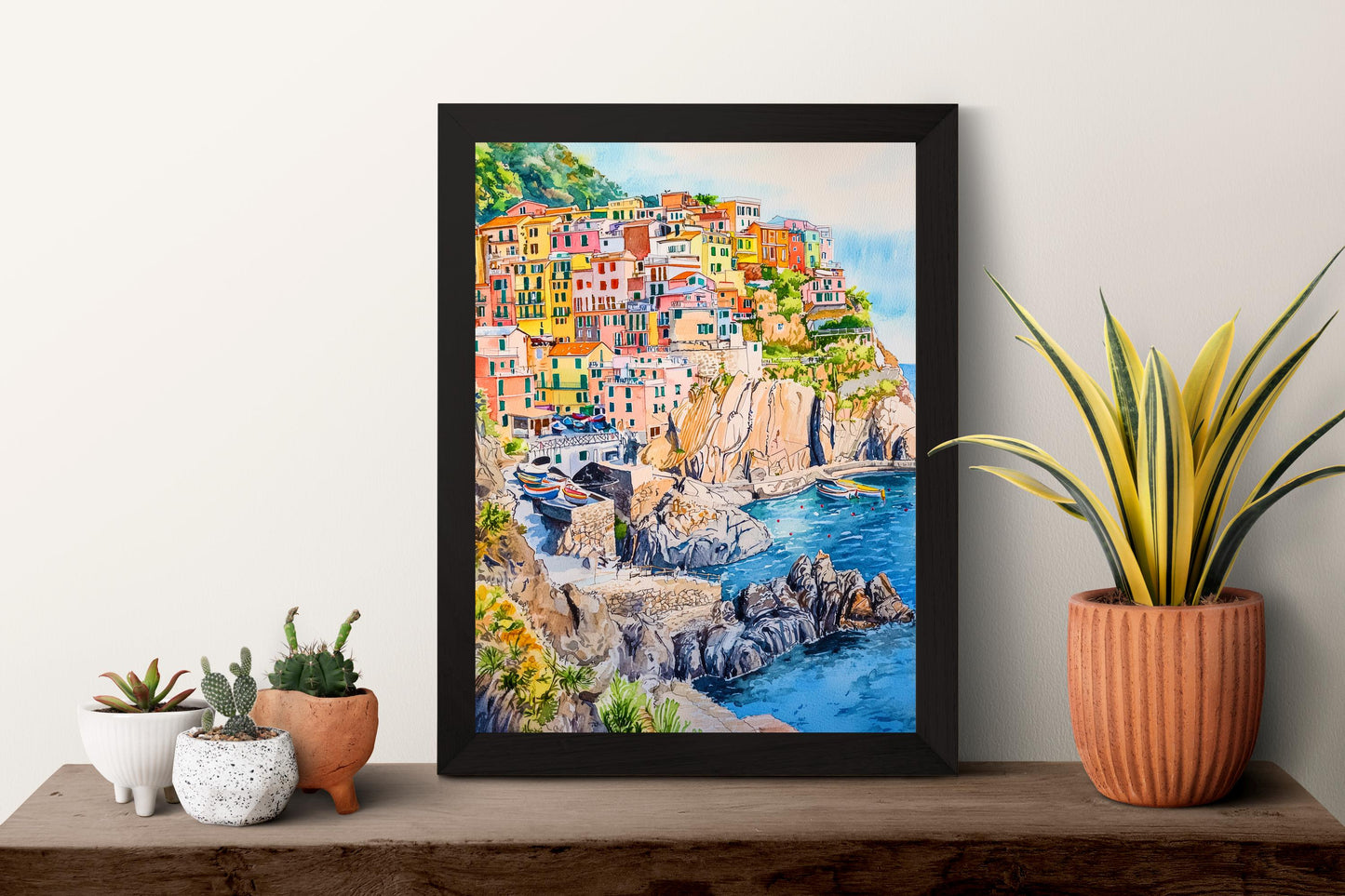 Cinque Terre Watercolor Poster Italy Travel Print Italian Coast Wall Art Cinque Terre Decor Colorful Village Cliffside Seaside Print