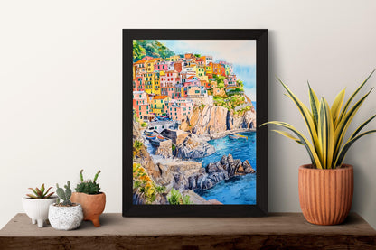 Cinque Terre Watercolor Poster Italy Travel Print Italian Coast Wall Art Cinque Terre Decor Colorful Village Cliffside Seaside Print