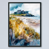 Bamburgh Castle Watercolor Poster Northumberland Travel Print England Wall Art Coastal Fortress Decor Historic Landscape Scenic Print