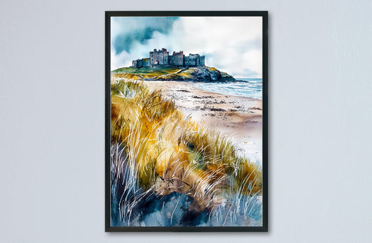 Bamburgh Castle Watercolor Poster Northumberland Travel Print England Wall Art Coastal Fortress Decor Historic Landscape Scenic Print