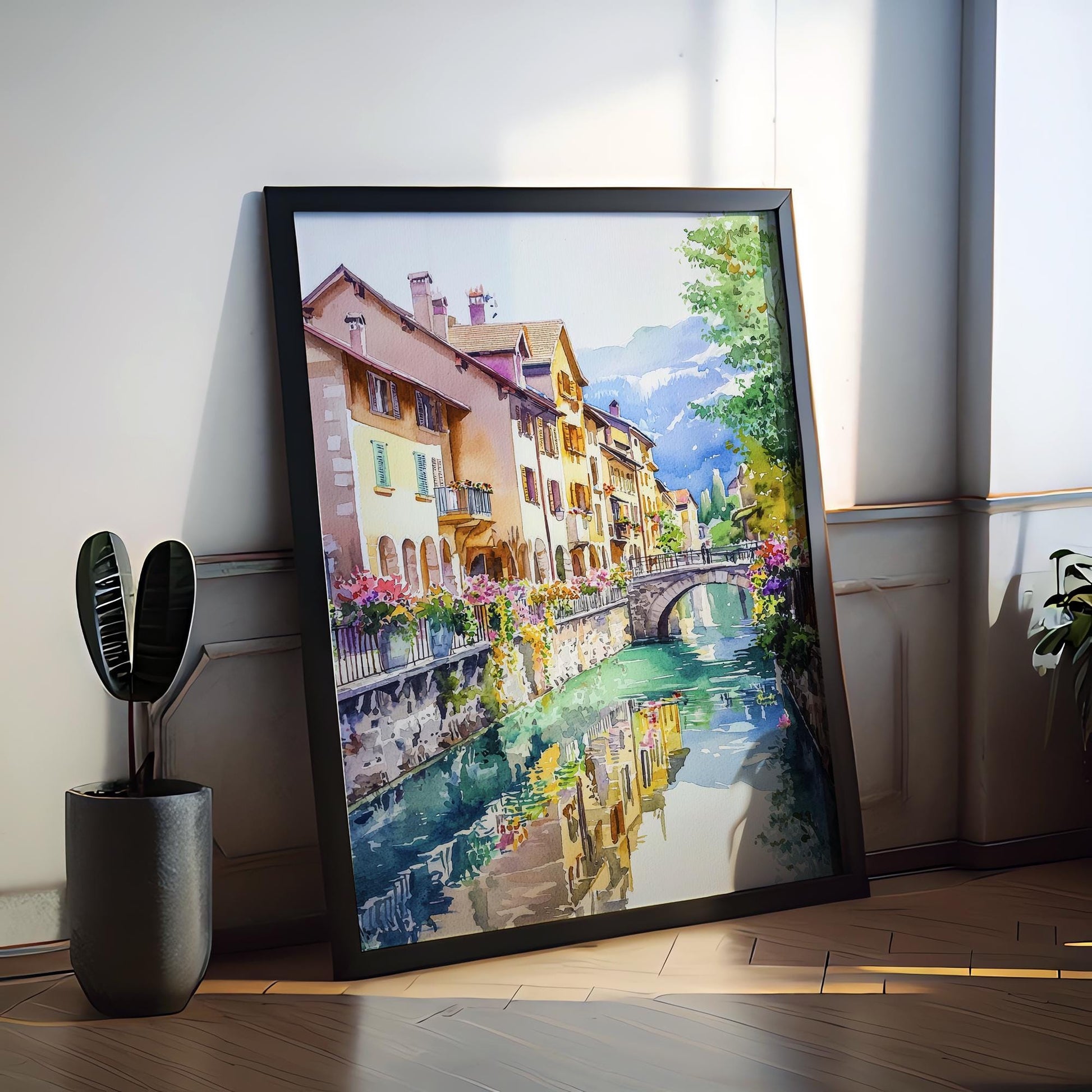 Annecy Watercolor Poster Annecy Travel Print France Wall Art French Alps Decor Annecy Lake Scene Canal City Landscape Architecture Print