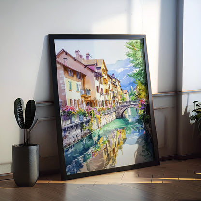 Annecy Watercolor Poster Annecy Travel Print France Wall Art French Alps Decor Annecy Lake Scene Canal City Landscape Architecture Print