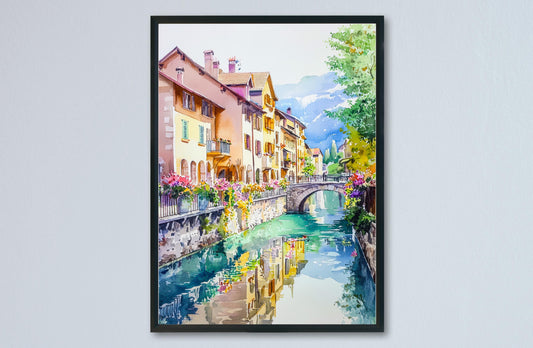 Annecy Watercolor Poster Annecy Travel Print France Wall Art French Alps Decor Annecy Lake Scene Canal City Landscape Architecture Print
