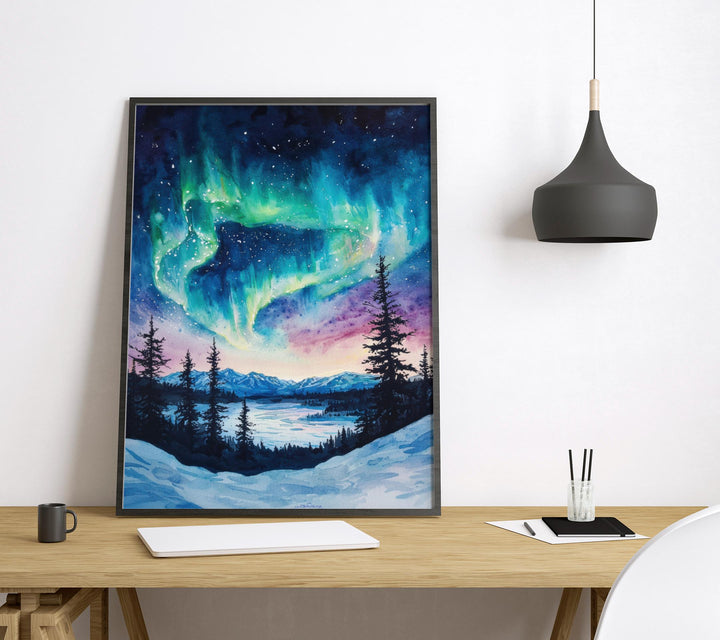 Northern Lights Watercolor Poster Aurora Borealis Print Arctic Sky Wall Art Northern Lights Painting Travel Souvenir Nature Decor