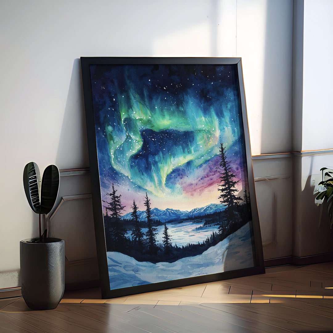 Northern Lights Watercolor Poster Aurora Borealis Print Arctic Sky Wall Art Northern Lights Painting Travel Souvenir Nature Decor