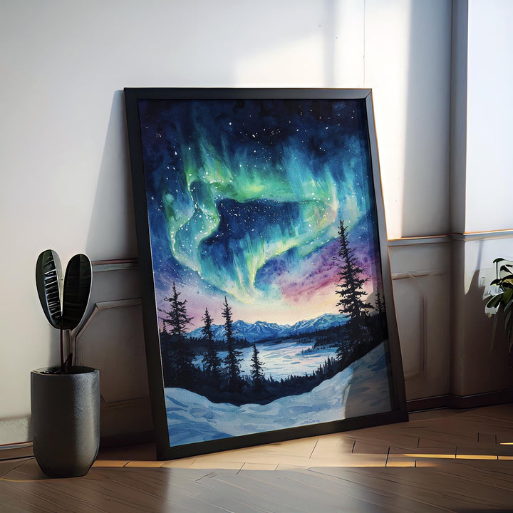 Northern Lights Watercolor Poster Aurora Borealis Print Arctic Sky Wall Art Northern Lights Painting Travel Souvenir Nature Decor