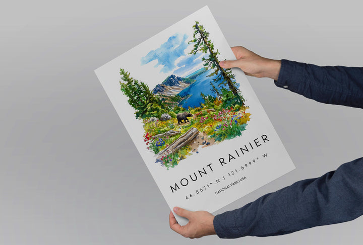 Mount Rainier Watercolor Poster Mount Rainier Travel Print Washington Wall Art National Park Decor Mountain Scene Alpine Landscape Print