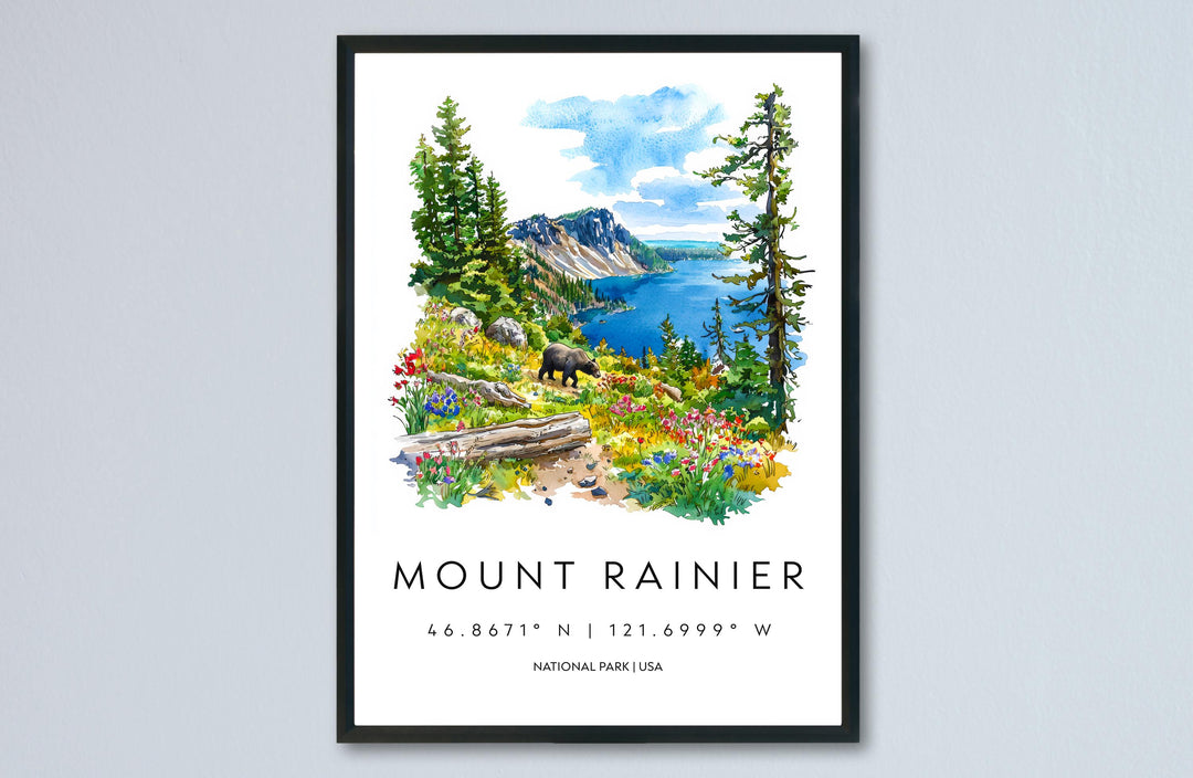 Mount Rainier Watercolor Poster Mount Rainier Travel Print Washington Wall Art National Park Decor Mountain Scene Alpine Landscape Print