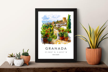 Granada Watercolor Poster Granada Travel Print Granada Wall Art Granada Cityscape Painting Granada Souvenir Spain Decor