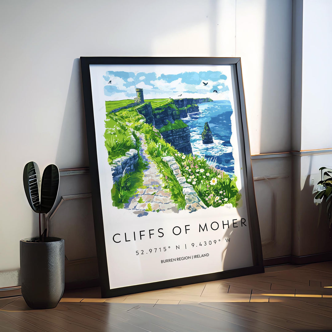 Cliffs of Moher Watercolor Poster Ireland Travel Print Cliffs of Moher Wall Art Irish Landscape Painting Coastal Souvenir Decor