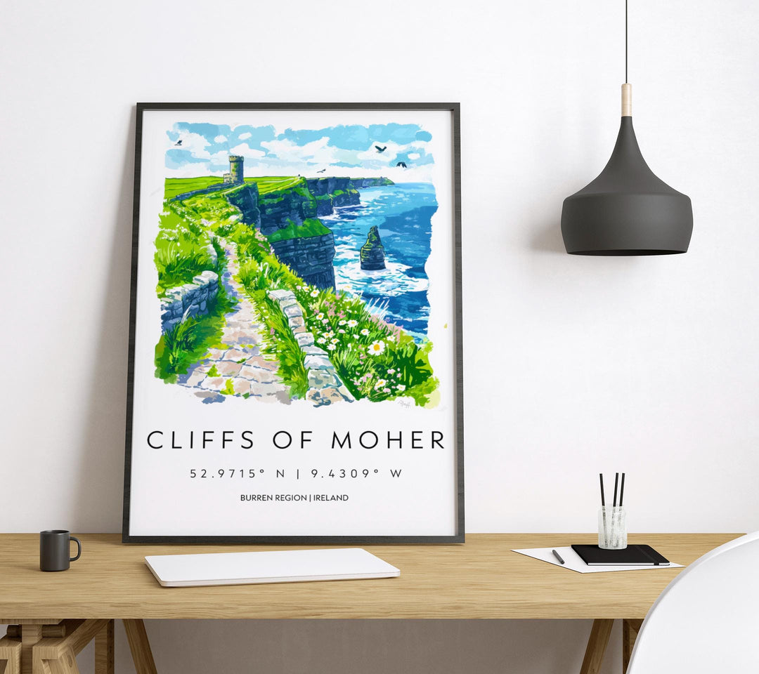 Cliffs of Moher Watercolor Poster Ireland Travel Print Cliffs of Moher Wall Art Irish Landscape Painting Coastal Souvenir Decor