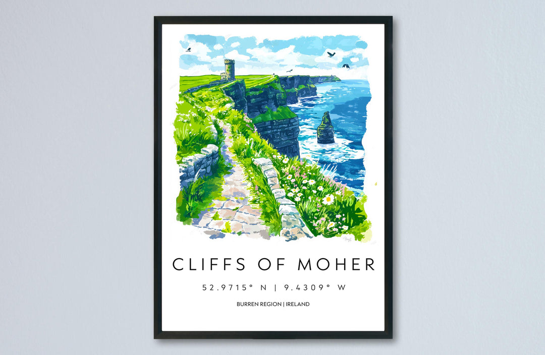 Cliffs of Moher Watercolor Poster Ireland Travel Print Cliffs of Moher Wall Art Irish Landscape Painting Coastal Souvenir Decor