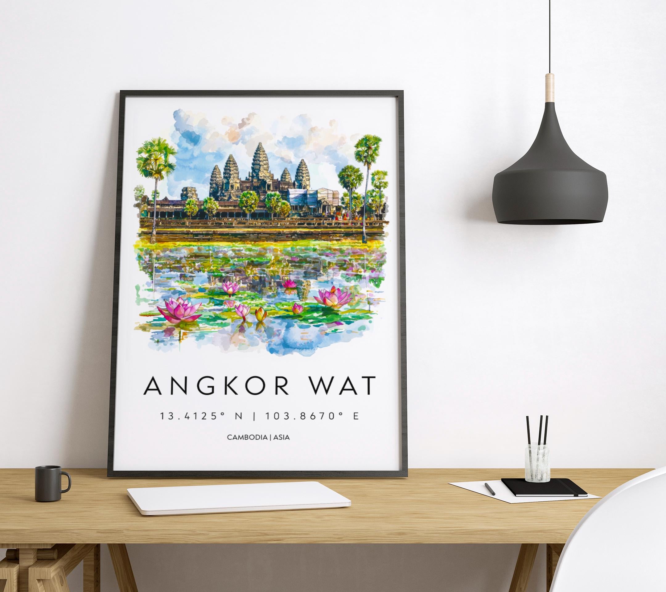 Angkor Wat Watercolor Poster Angkor Wat Travel Print Angkor Wat Wall Art Temple Painting Cambodia Souvenir Decor