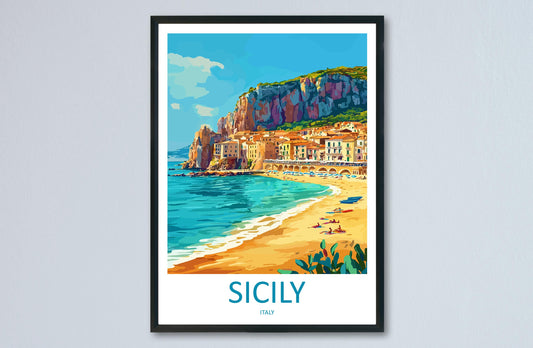 Sicily Travel Poster Italy Wall Art Island Coast Print Mediterranean View Illustration Historic Decor Sicily Gift Souvenir Scene
