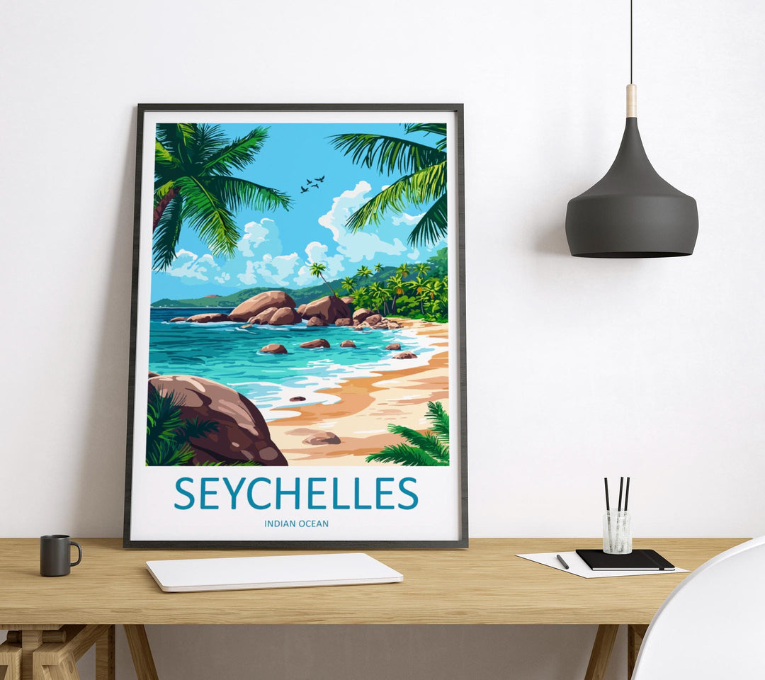 Seychelles Travel Poster Indian Ocean Wall Art Island Beach Print Tropical View Illustration Coastal Decor Seychelles Gift Souvenir