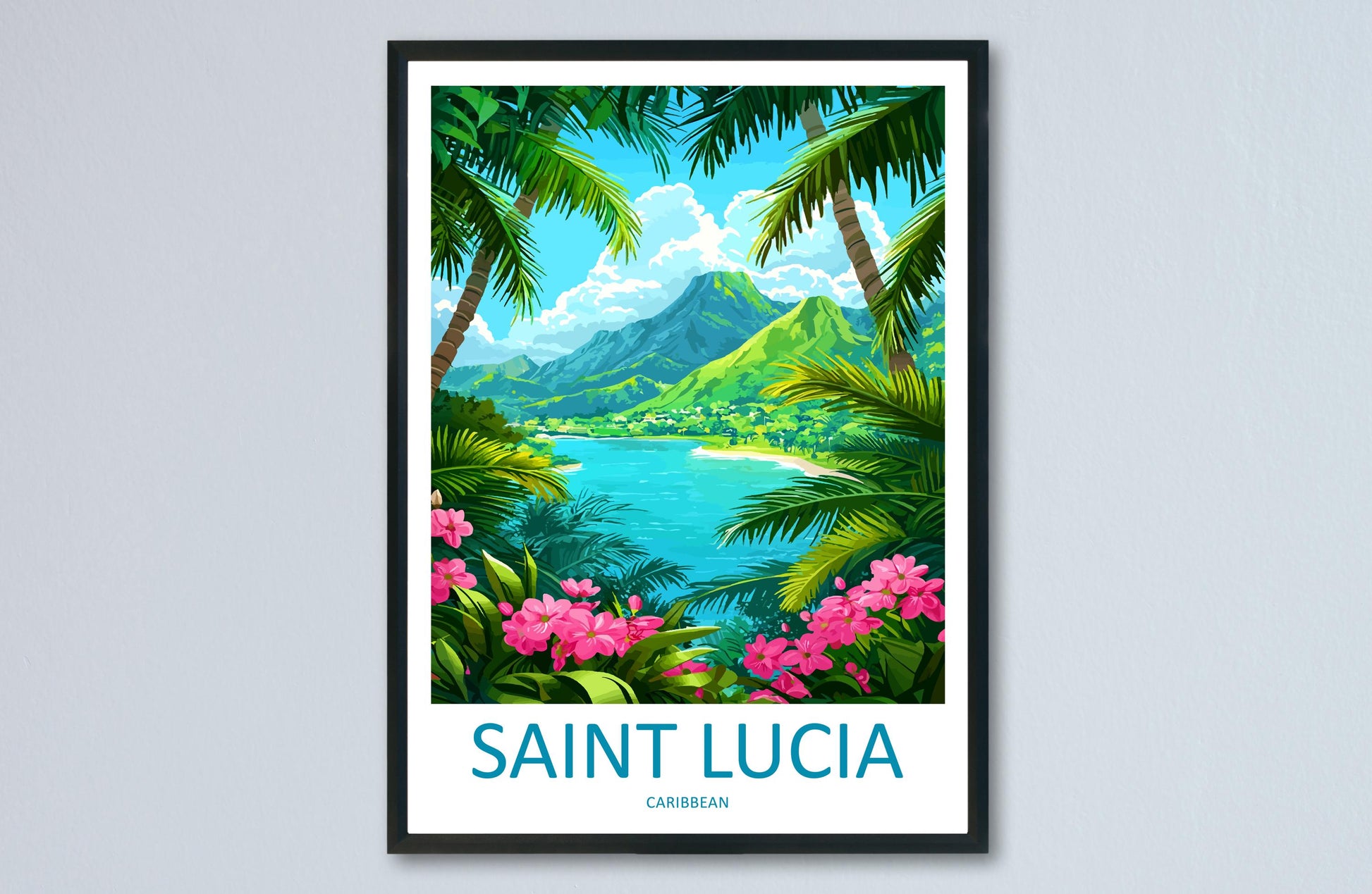 Saint Lucia Travel Poster Caribbean Wall Art Island Coast Print Pitons View Illustration Tropical Decor Saint Lucia Gift Souvenir
