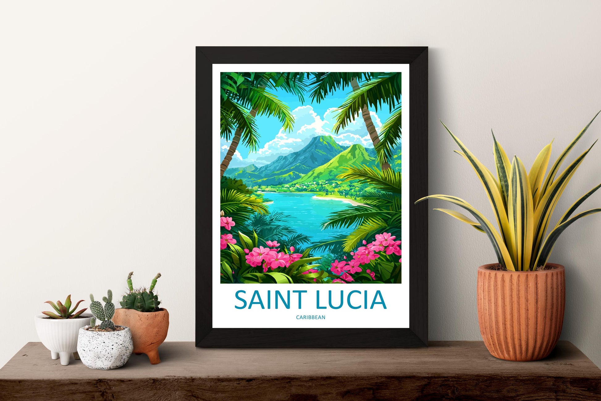 Saint Lucia Travel Poster Caribbean Wall Art Island Coast Print Pitons View Illustration Tropical Decor Saint Lucia Gift Souvenir