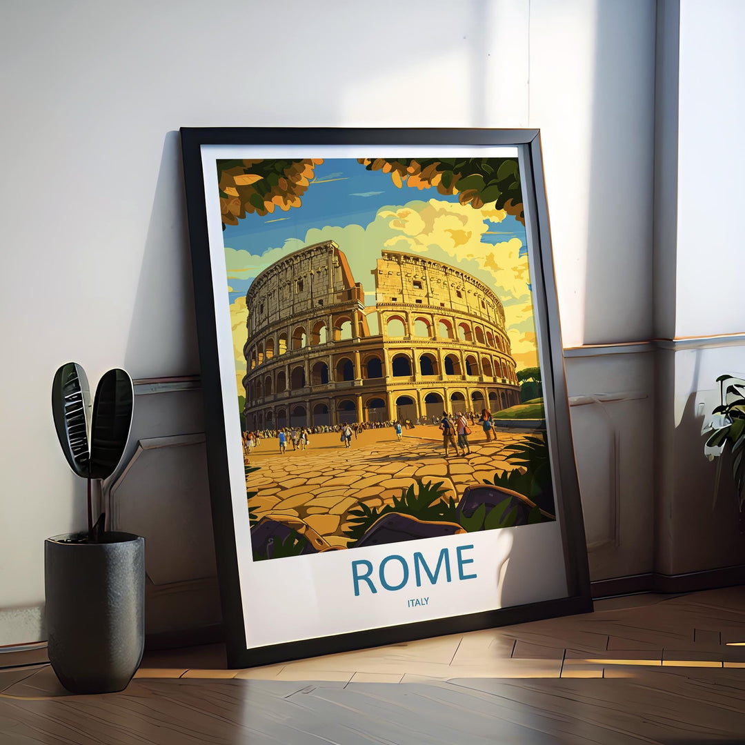 Rome Travel Poster Italy Wall Art Historic City Print Colosseum View Illustration Ancient Landmark Decor Rome Gift Souvenir Scene