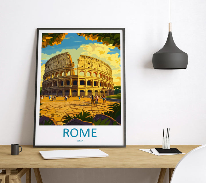 Rome Travel Poster Italy Wall Art Historic City Print Colosseum View Illustration Ancient Landmark Decor Rome Gift Souvenir Scene
