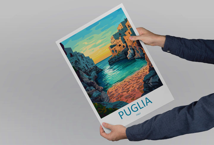 Puglia Travel Poster Italy Wall Art Coastal Village Print Trulli View Illustration Mediterranean Decor Puglia Gift Souvenir Scene