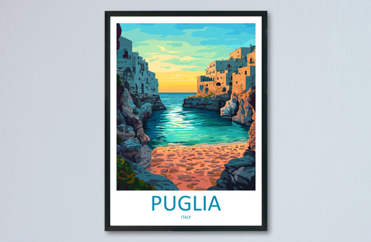 Puglia Travel Poster Italy Wall Art Coastal Village Print Trulli View Illustration Mediterranean Decor Puglia Gift Souvenir Scene