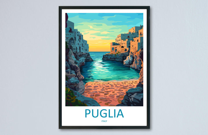 Puglia Travel Poster Italy Wall Art Coastal Village Print Trulli View Illustration Mediterranean Decor Puglia Gift Souvenir Scene