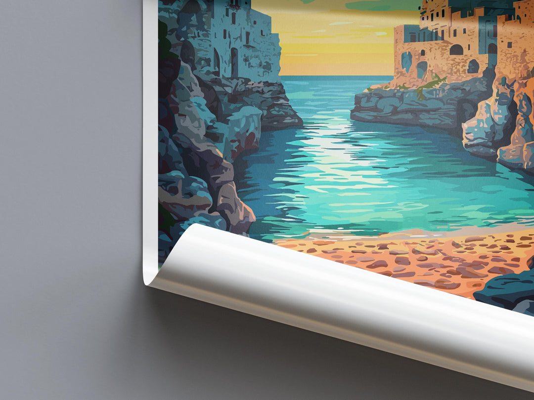 Puglia Travel Poster Italy Wall Art Coastal Village Print Trulli View Illustration Mediterranean Decor Puglia Gift Souvenir Scene