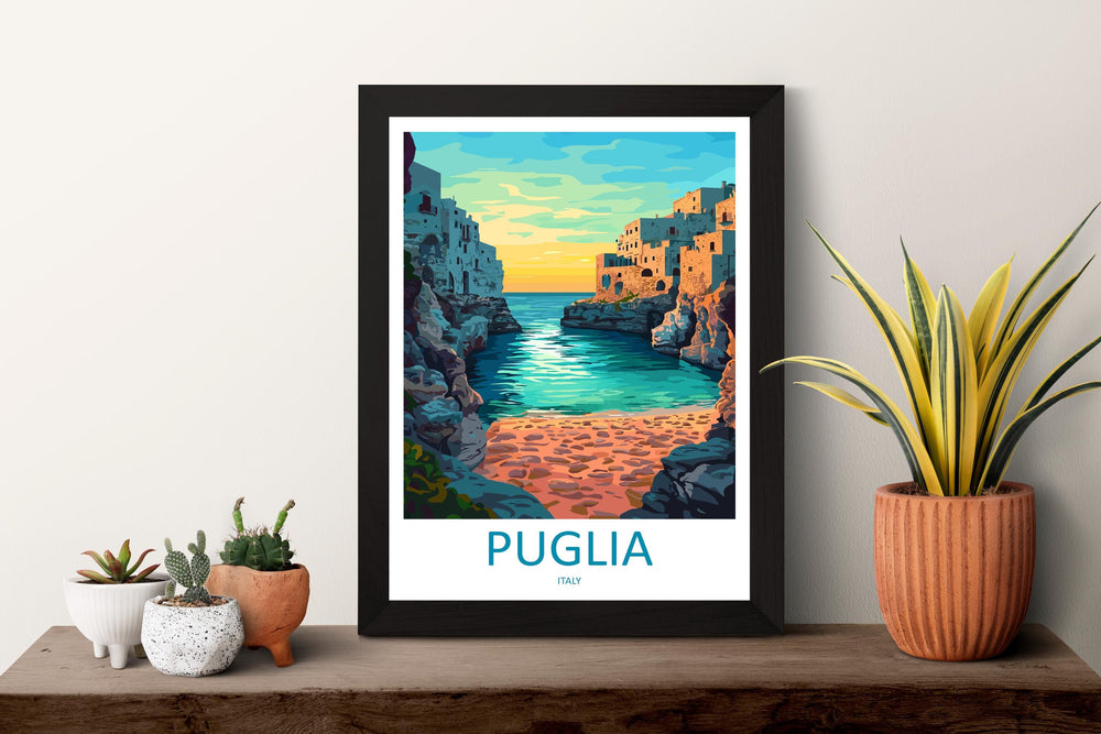 Puglia Travel Poster Italy Wall Art Coastal Village Print Trulli View Illustration Mediterranean Decor Puglia Gift Souvenir Scene