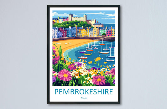 Pembrokeshire Travel Poster Wales Wall Art Coastal Town Print Seaside Path Illustration Harbour View Decor Pembrokeshire Gift Souvenir