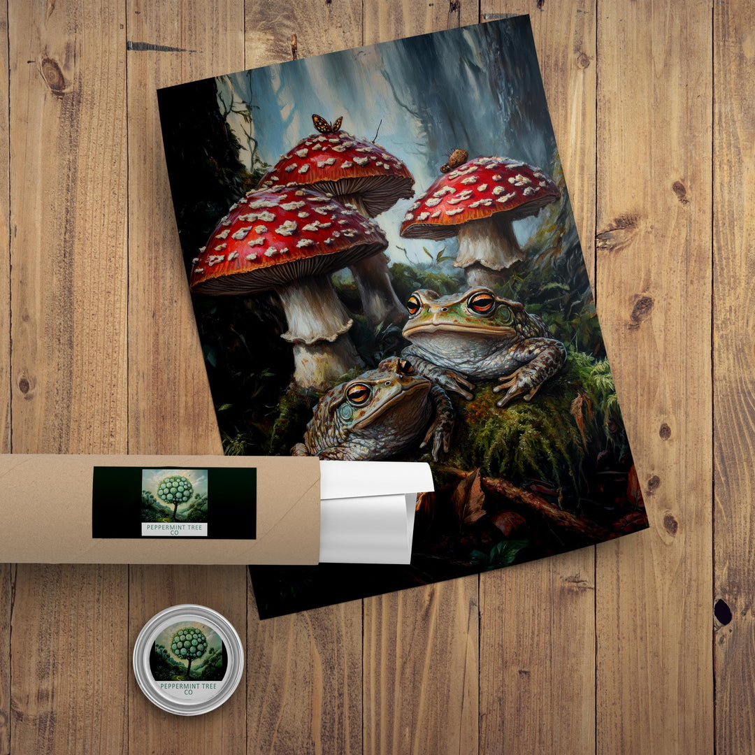 Frog & Toadstool Vintage Art Print, Cottagecore Woodland Decor