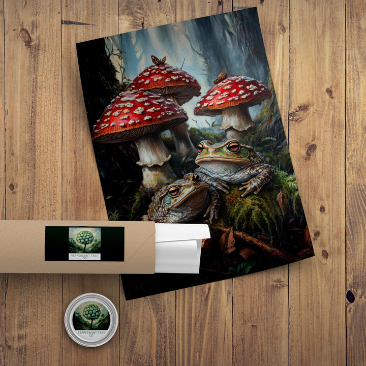 Frog & Toadstool Vintage Art Print, Cottagecore Woodland Decor