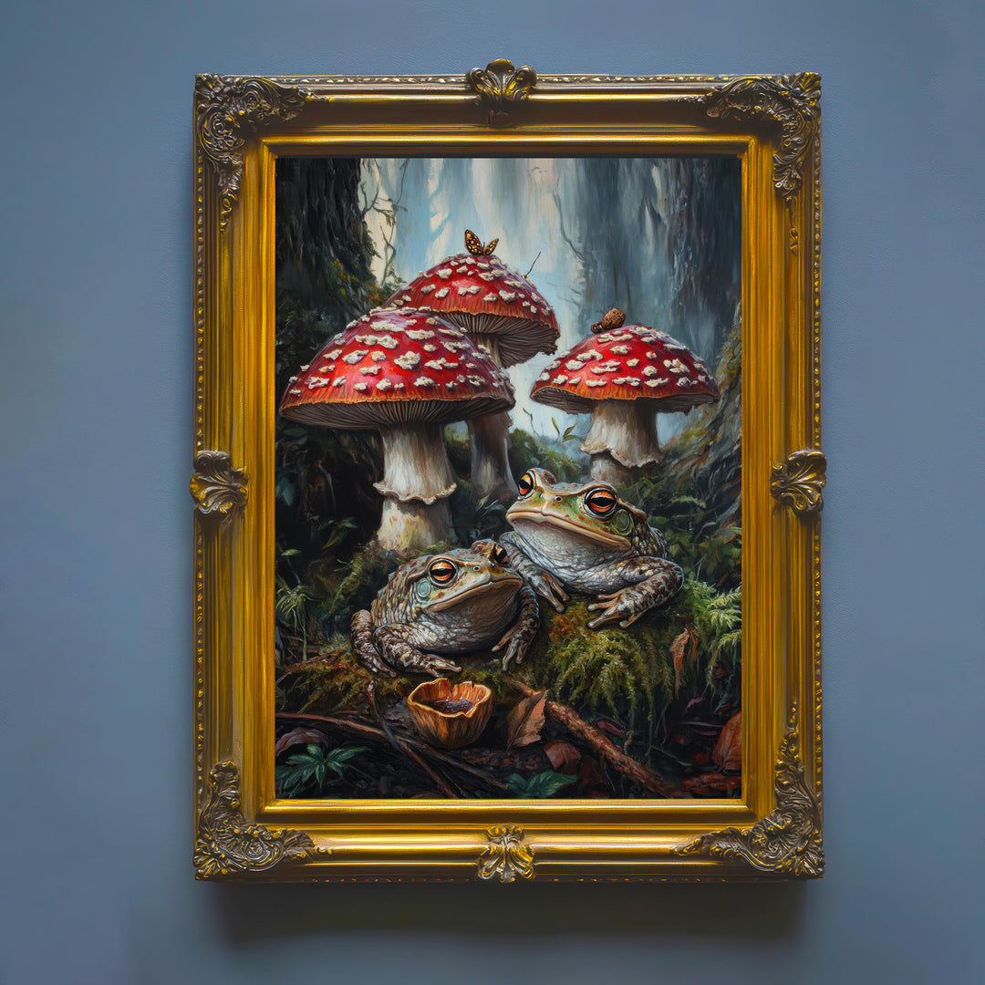 Frog & Toadstool Vintage Art Print, Cottagecore Woodland Decor