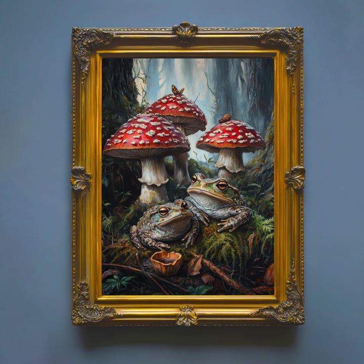 Frog & Toadstool Vintage Art Print, Cottagecore Woodland Decor