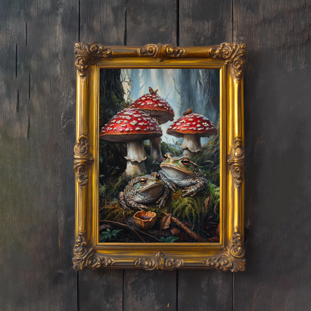 Frog & Toadstool Vintage Art Print, Cottagecore Woodland Decor