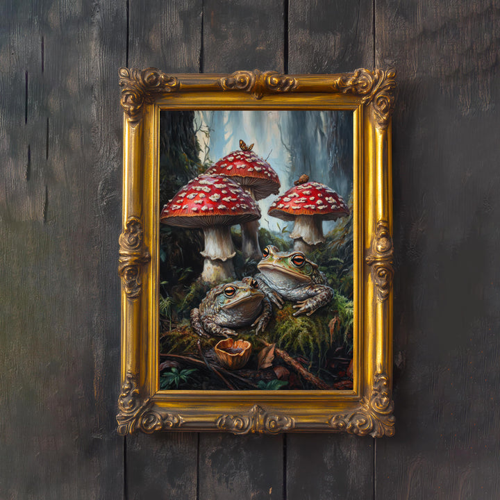 Frog & Toadstool Vintage Art Print, Cottagecore Woodland Decor