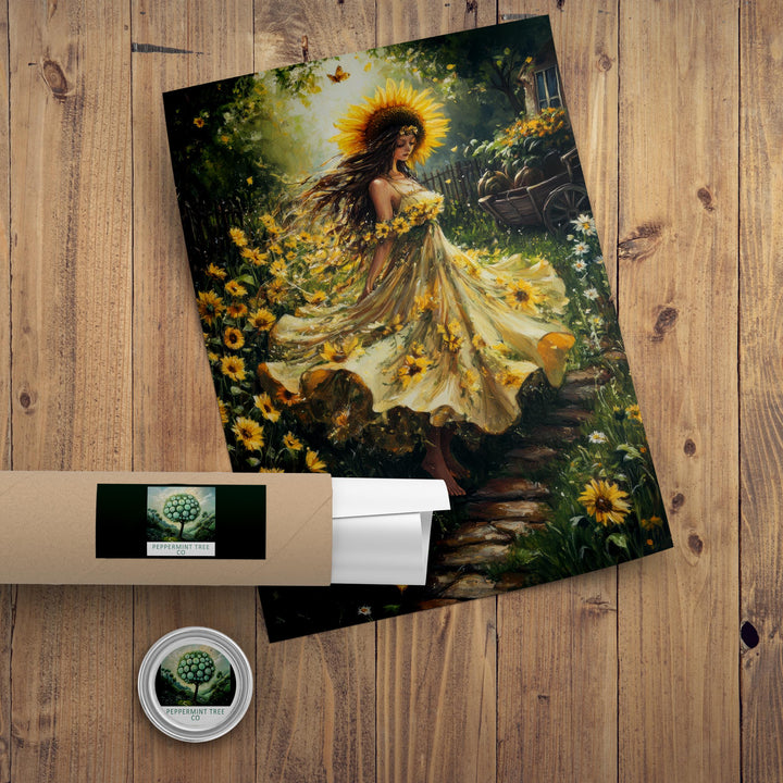 Sunflower Witch Print, Vintage Cottagecore Magical Art